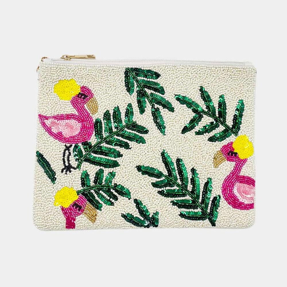 Flamingo Leaf Sequin and Seed Beaded Clutch / Crossbody Bag Handbag Tropical NEW - Picture 2 of 2